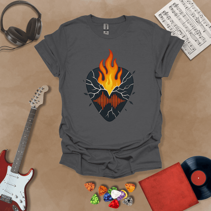 Charcoal t-shirt with fractured pickguard design, sharp geometric lines.
