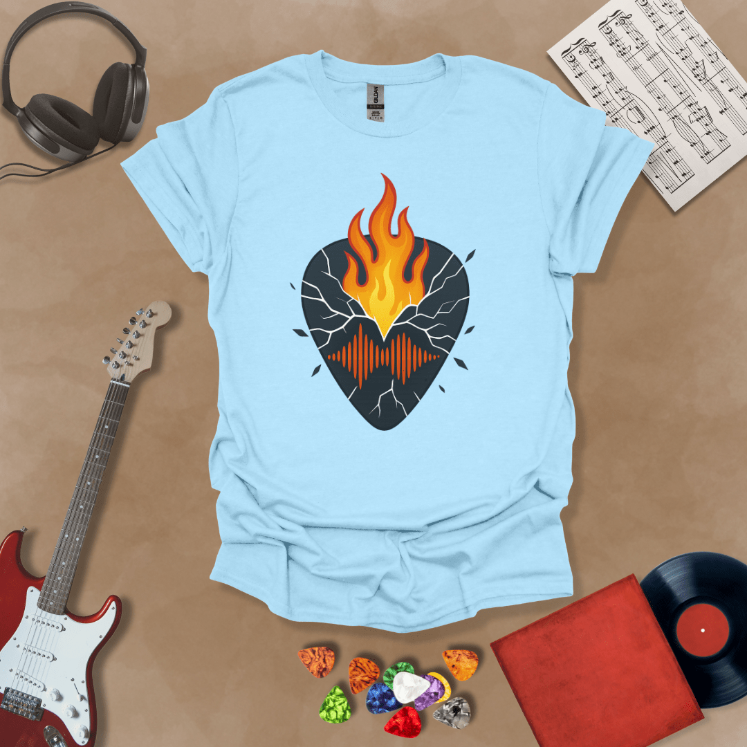 Light Blue t-shirt with fractured pickguard design, sharp geometric lines.
