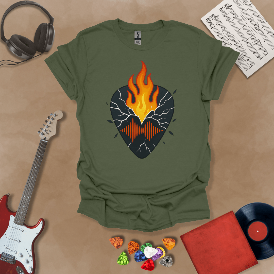 Green t-shirt with fractured pickguard design, sharp geometric lines.
