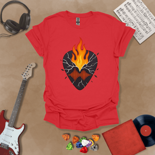 Red t-shirt with fractured pickguard design, sharp geometric lines.
