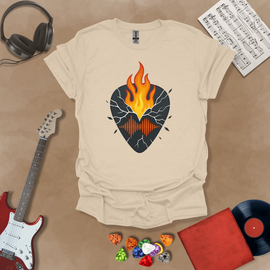 Beige t-shirt with fractured pickguard design, sharp geometric lines.
