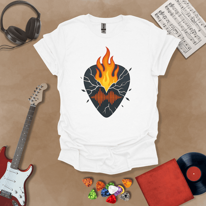 White t-shirt with fractured pickguard design, sharp geometric lines.
