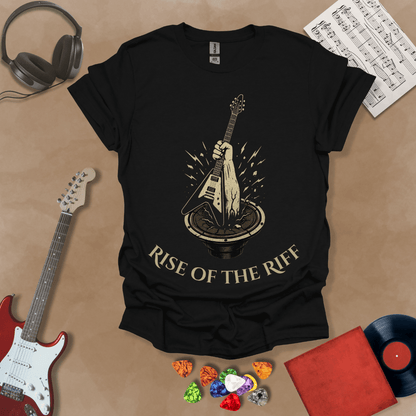Black t-shirt with hand emerging from speaker, gripping a guitar, text “Rise of the Riff.”
