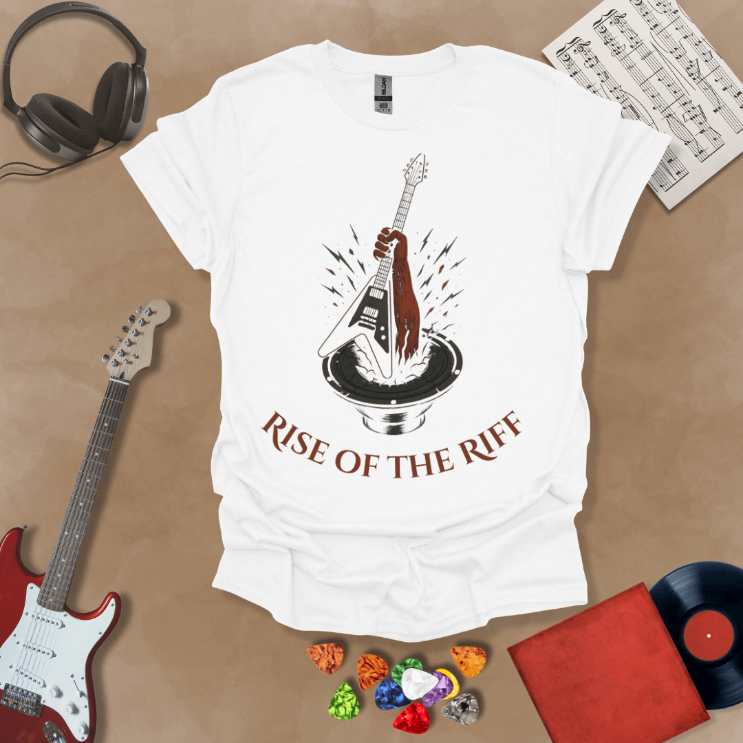 White t-shirt with hand emerging from speaker, gripping a guitar, text “Rise of the Riff.”
