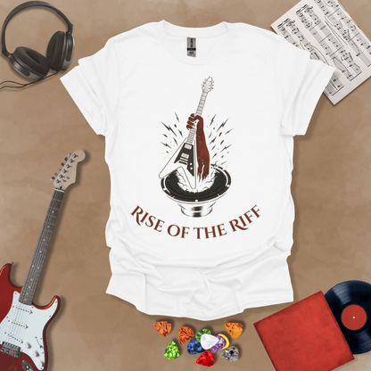 White t-shirt with hand emerging from speaker, gripping a guitar, text “Rise of the Riff.”
