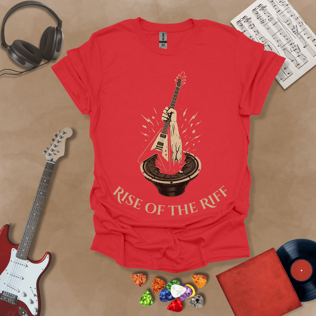 Red t-shirt with hand emerging from speaker, gripping a guitar, text “Rise of the Riff.”

