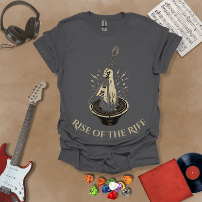 Gray t-shirt with hand emerging from speaker, gripping a guitar, text “Rise of the Riff.”
