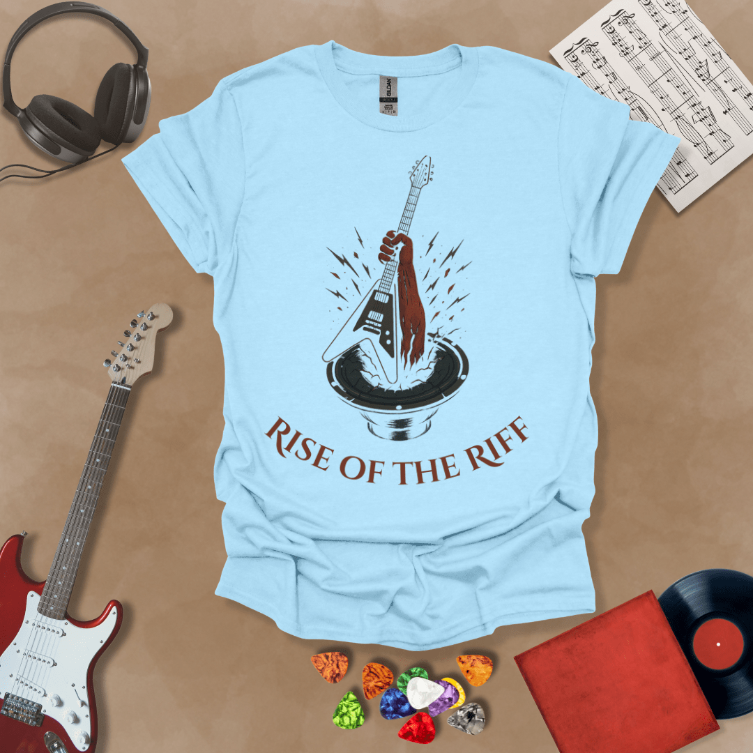 Light blue t-shirt with hand emerging from speaker, gripping a guitar, text “Rise of the Riff.”

