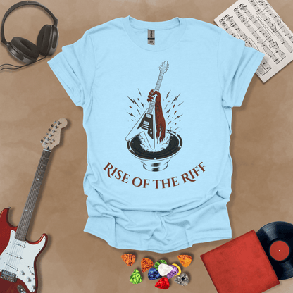 Light blue t-shirt with hand emerging from speaker, gripping a guitar, text “Rise of the Riff.”
