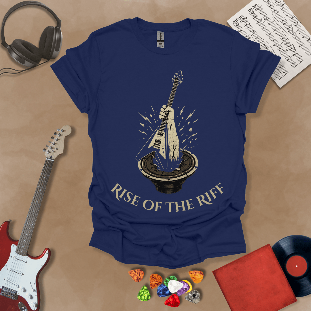 Navy t-shirt with hand emerging from speaker, gripping a guitar, text “Rise of the Riff.”
