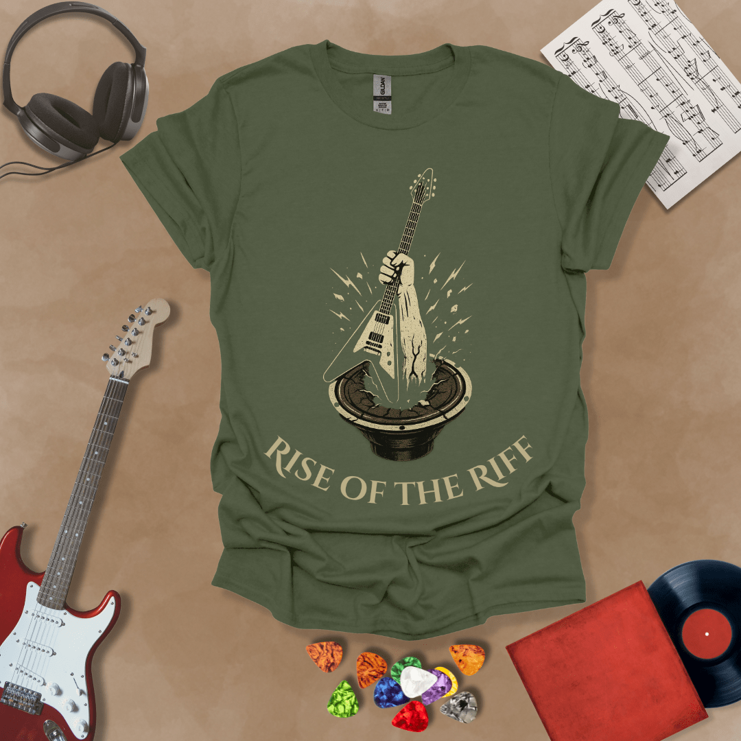 Green t-shirt with hand emerging from speaker, gripping a guitar, text “Rise of the Riff.”
