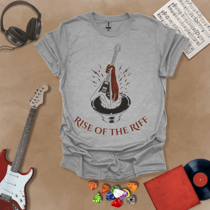 Gray t-shirt with hand emerging from speaker, gripping a guitar, text “Rise of the Riff.”
