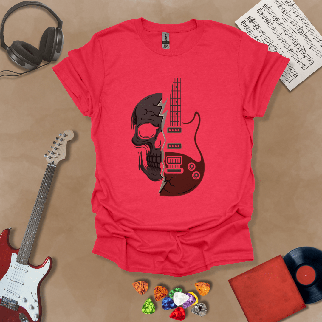 Red  t-shirt with design split into half skull and half guitar body.