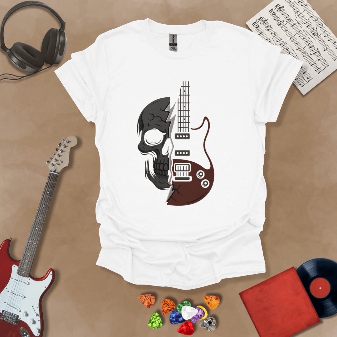 White t-shirt with design split into half skull and half guitar body.
