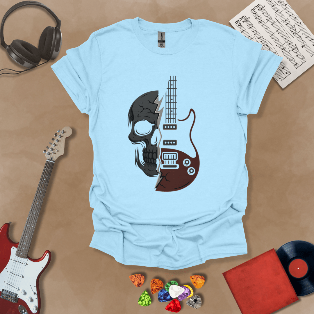 Light Blue t-shirt with design split into half skull and half guitar body.