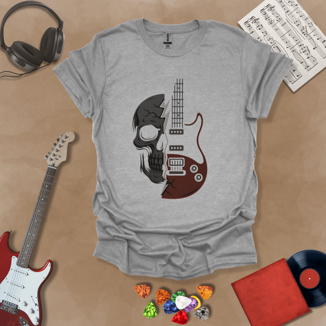 Gray t-shirt with design split into half skull and half guitar body.