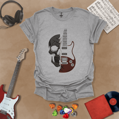 Gray t-shirt with design split into half skull and half guitar body.