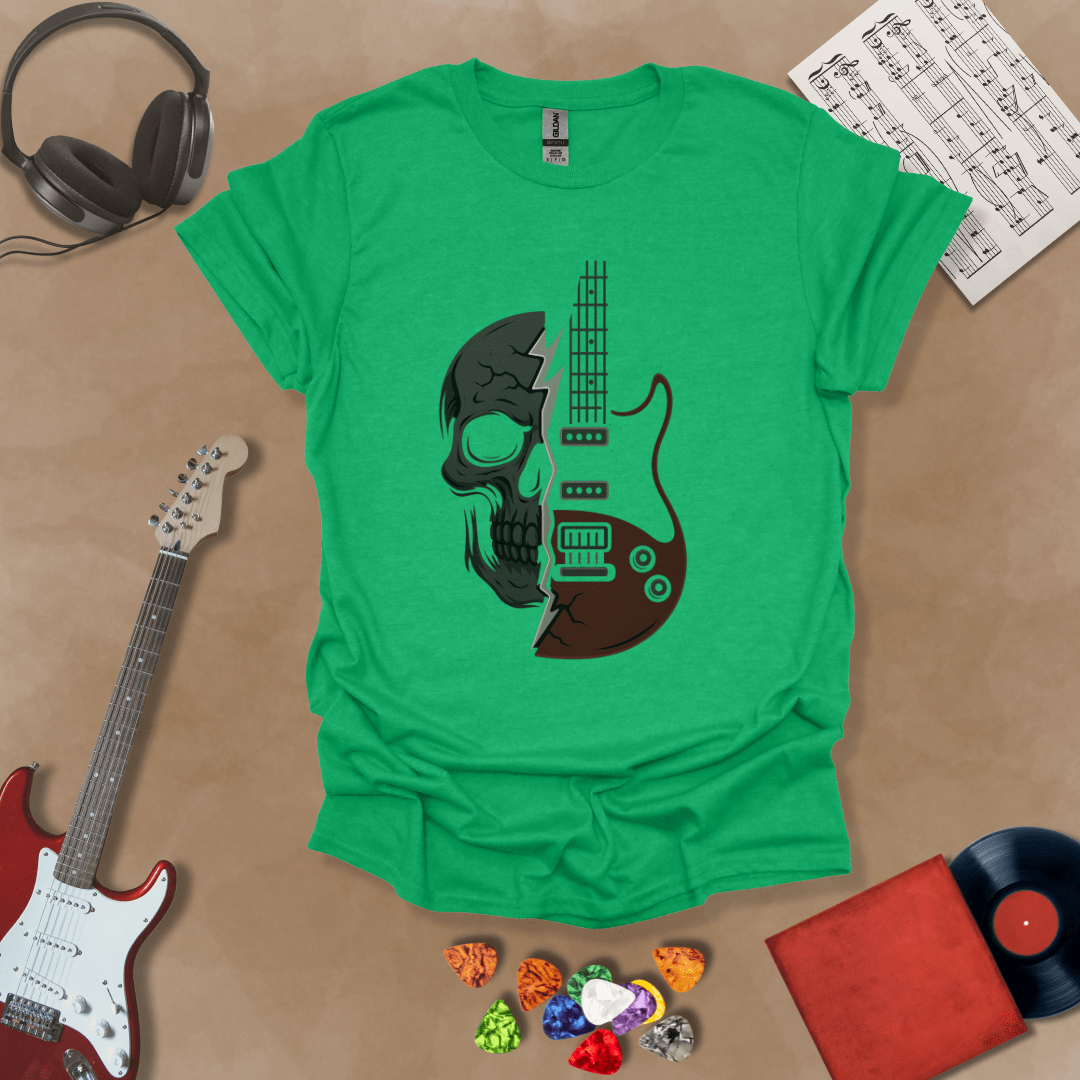 Green t-shirt with design split into half skull and half guitar body.