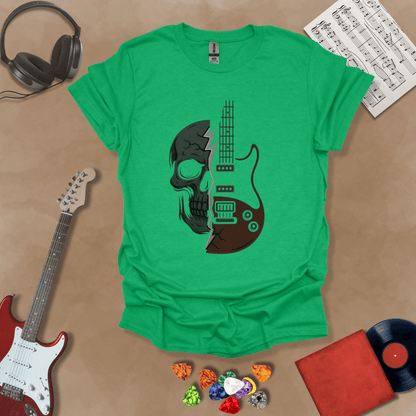 Green t-shirt with design split into half skull and half guitar body.