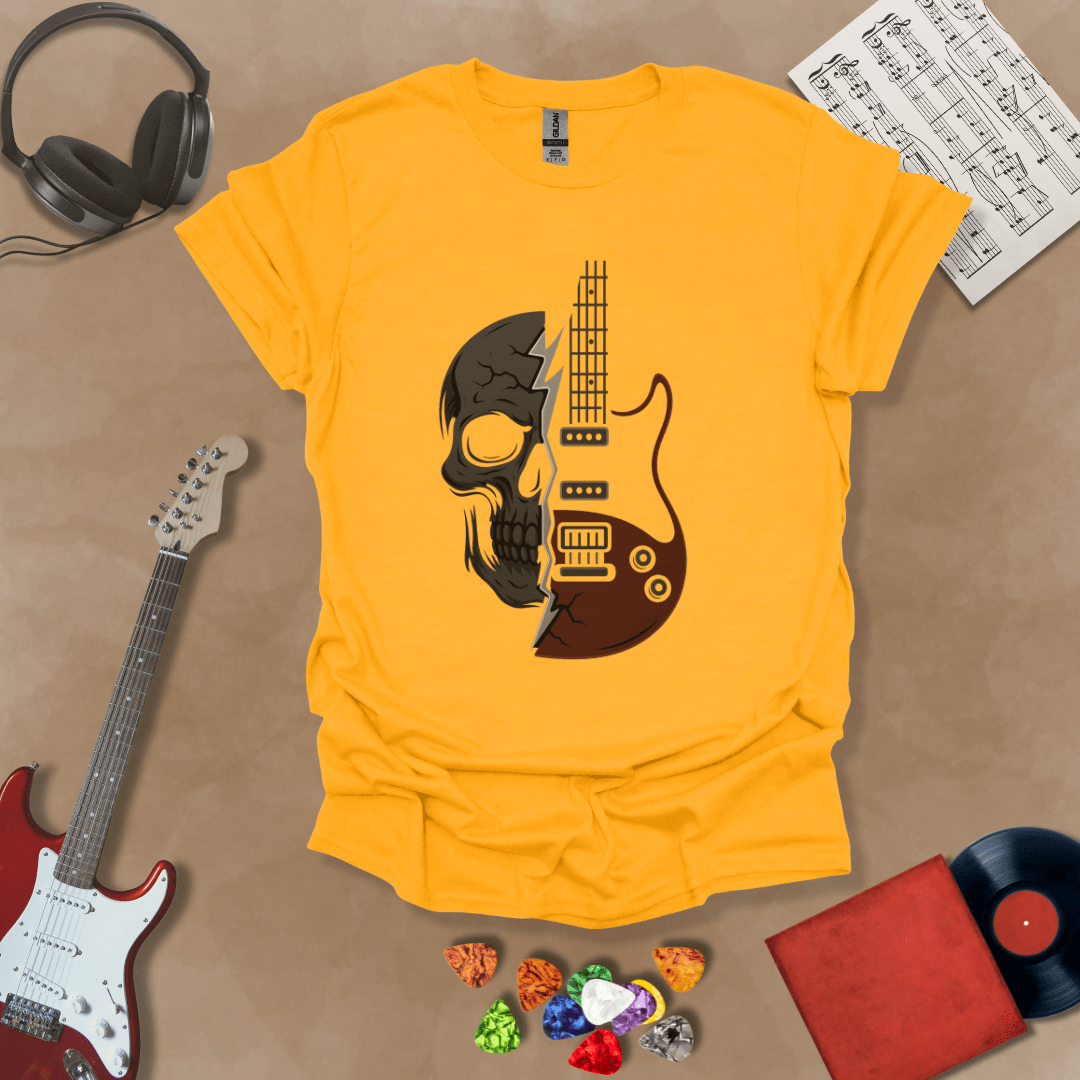 Yellow t-shirt with design split into half skull and half guitar body.