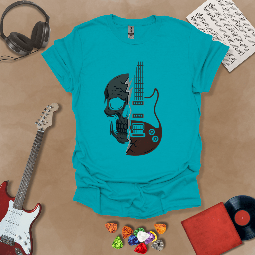blue t-shirt with design split into half skull and half guitar body.