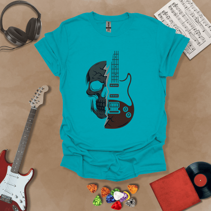 blue t-shirt with design split into half skull and half guitar body.