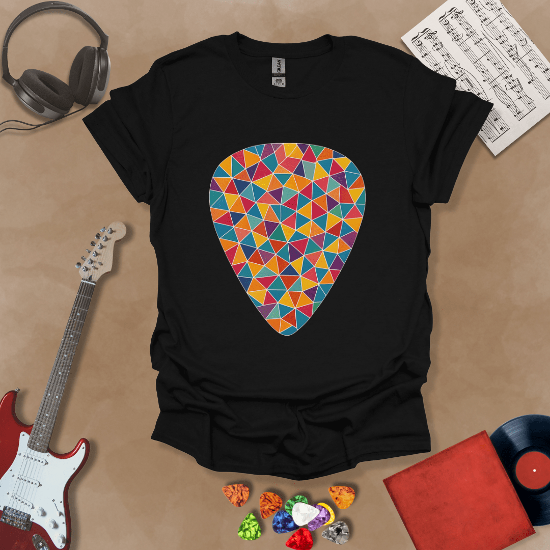 Black t-shirt featuring a colorful mosaic-style guitar pick design, made of puzzle-like shapes in multiple vibrant colors.
