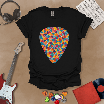 Black t-shirt featuring a colorful mosaic-style guitar pick design, made of puzzle-like shapes in multiple vibrant colors.
