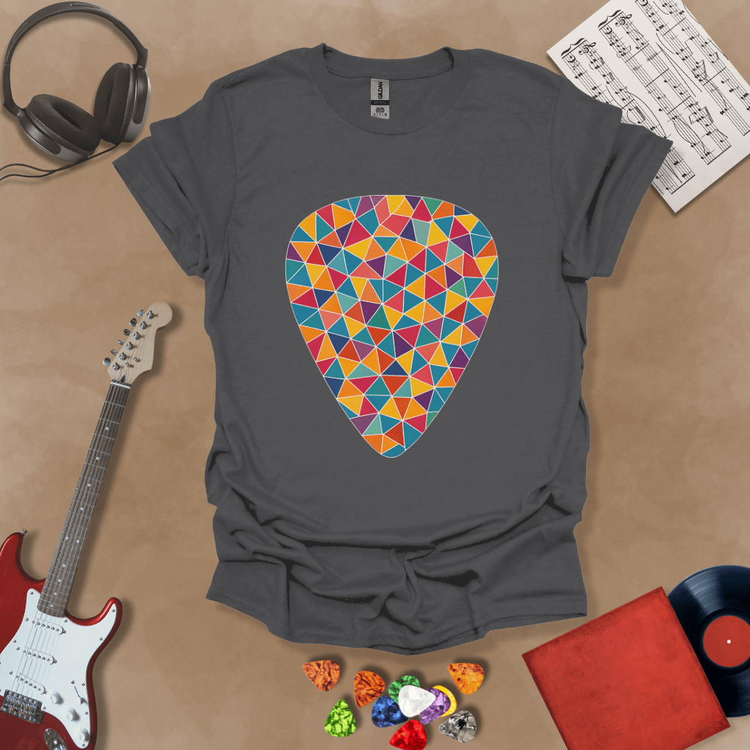 Gray t-shirt featuring a colorful mosaic-style guitar pick design, made of puzzle-like shapes in multiple vibrant colors.
