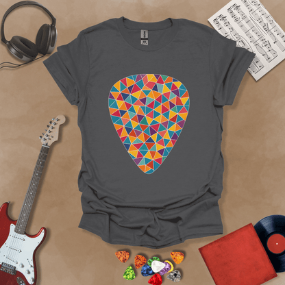 Gray t-shirt featuring a colorful mosaic-style guitar pick design, made of puzzle-like shapes in multiple vibrant colors.
