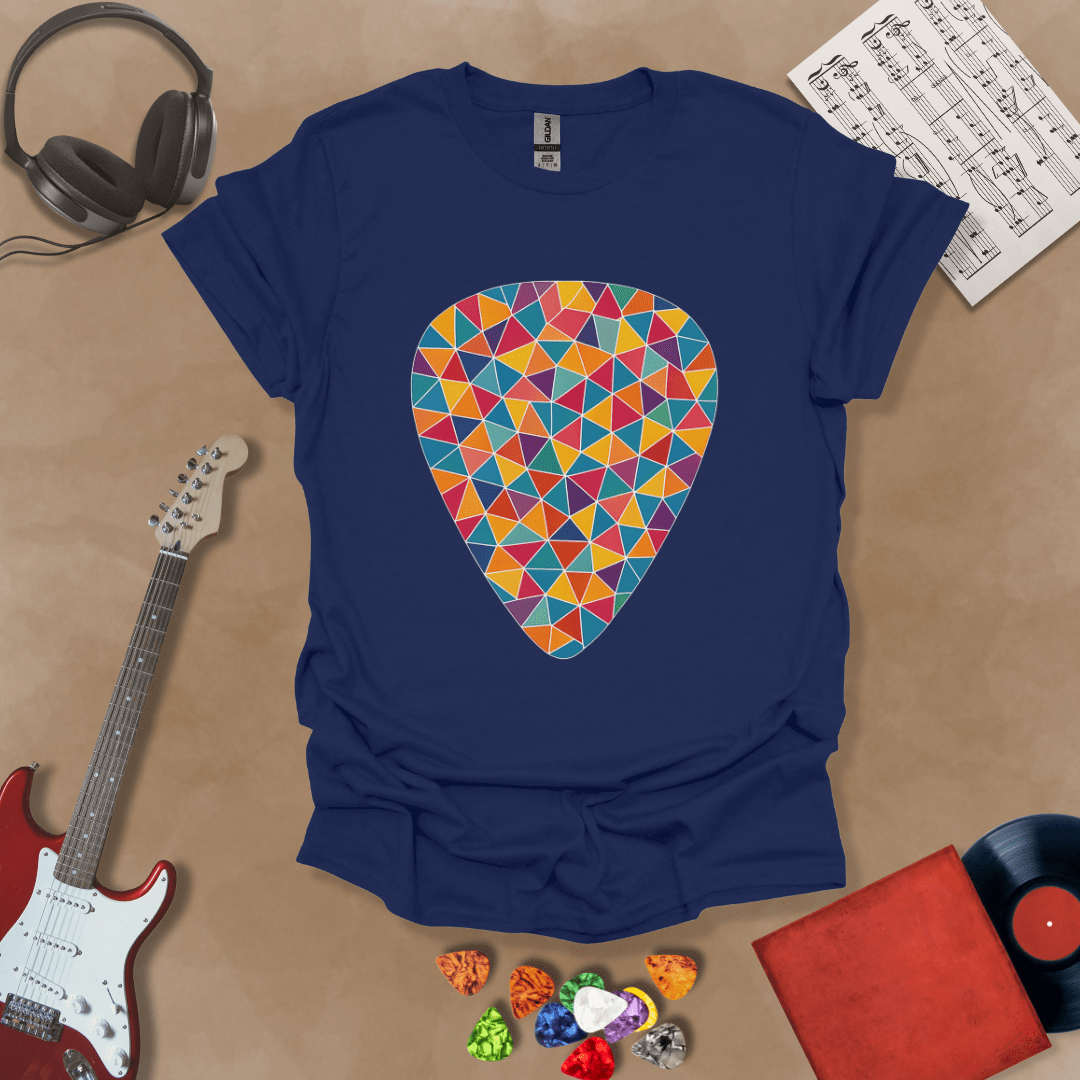 Blue t-shirt featuring a colorful mosaic-style guitar pick design, made of puzzle-like shapes in multiple vibrant colors.
