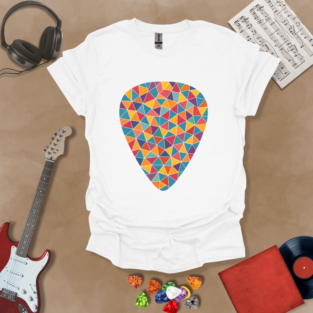 White t-shirt featuring a colorful mosaic-style guitar pick design, made of puzzle-like shapes in multiple vibrant colors.
