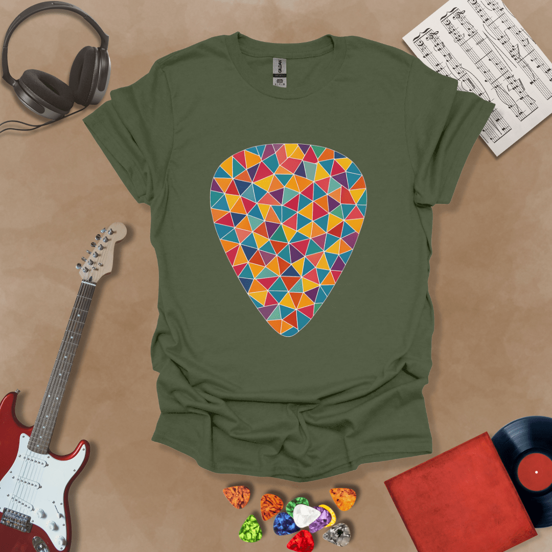 Green  t-shirt featuring a colorful mosaic-style guitar pick design, made of puzzle-like shapes in multiple vibrant colors.
