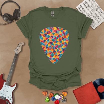 Green  t-shirt featuring a colorful mosaic-style guitar pick design, made of puzzle-like shapes in multiple vibrant colors.
