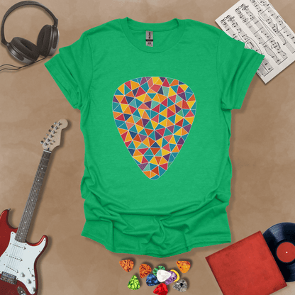 Green t-shirt featuring a colorful mosaic-style guitar pick design, made of puzzle-like shapes in multiple vibrant colors.
