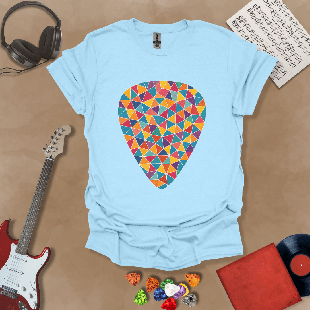 Light blue t-shirt featuring a colorful mosaic-style guitar pick design, made of puzzle-like shapes in multiple vibrant colors.
