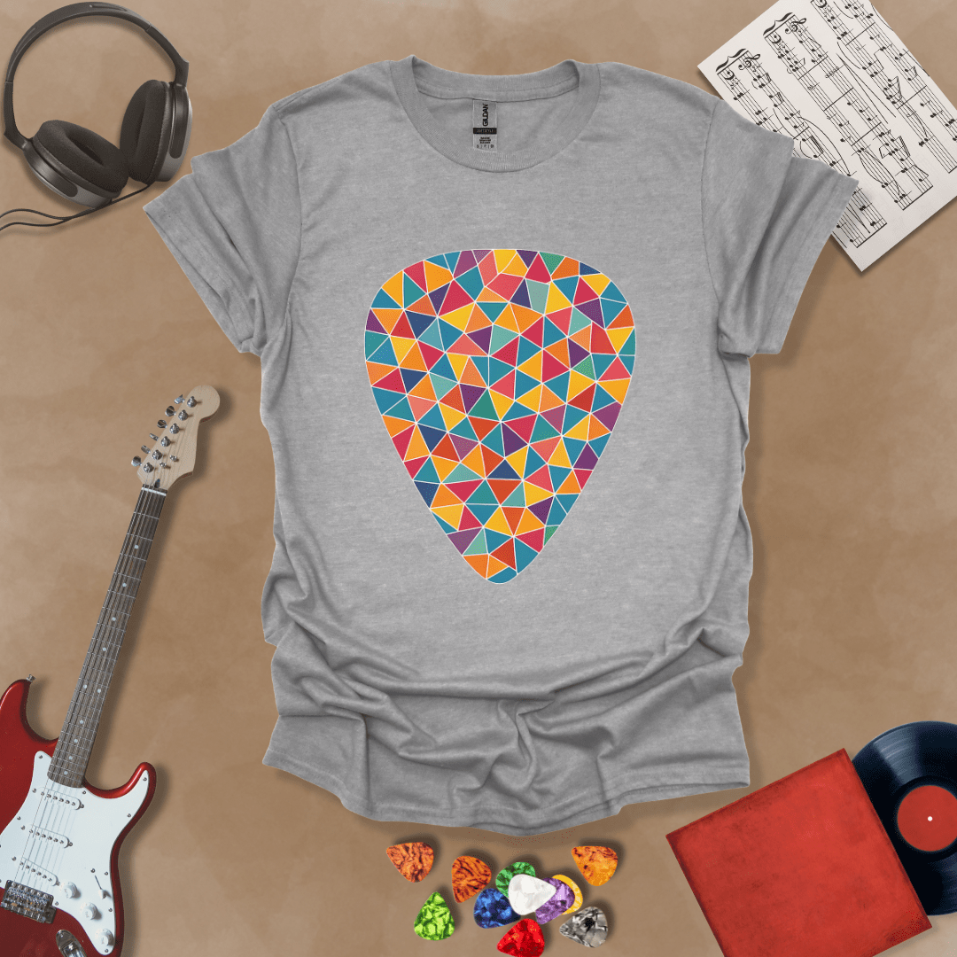 Gray t-shirt featuring a colorful mosaic-style guitar pick design, made of puzzle-like shapes in multiple vibrant colors.
