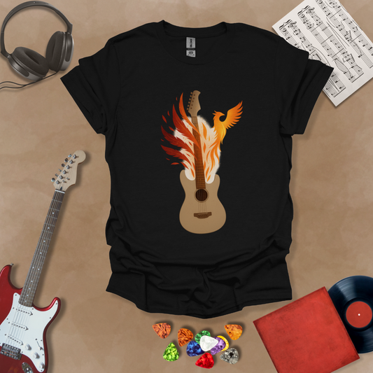 Black T-shirt featuring a fiery phoenix rising with wings ablaze, intertwined with a guitar, symbolizing rebirth and the eternal power of music.
