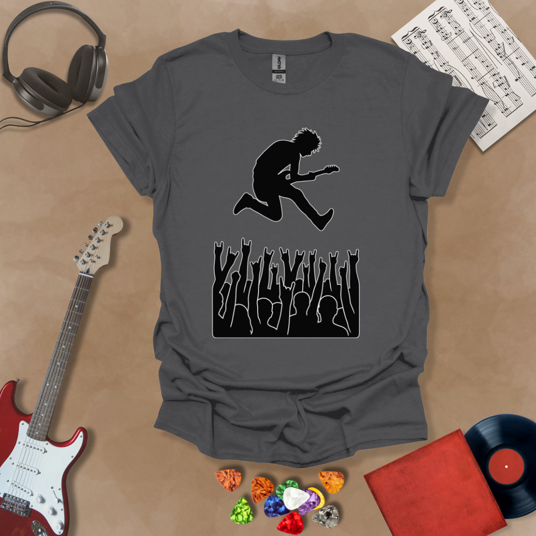 Gray t-shirt with silhouette of guitarist diving into crowd.
