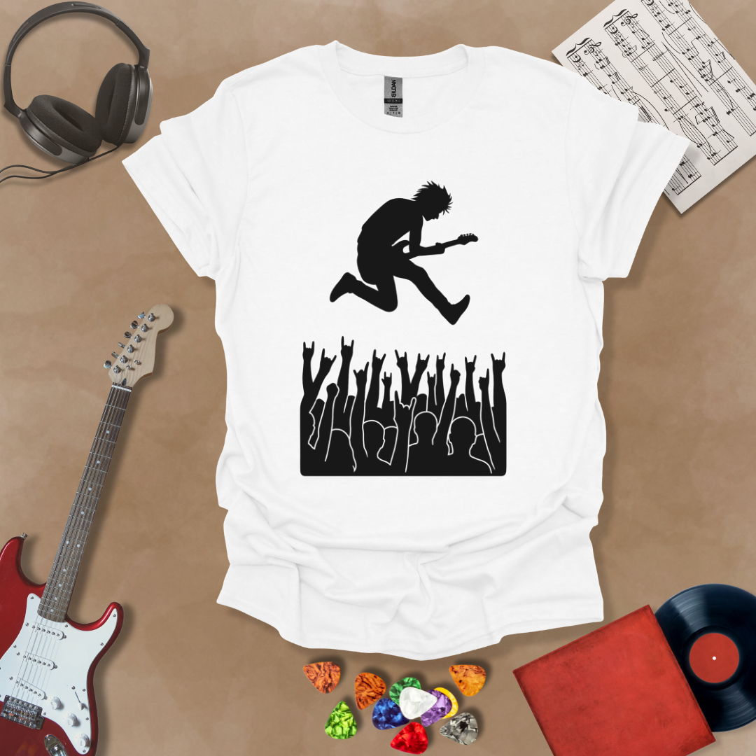 White t-shirt with silhouette of guitarist diving into crowd.
