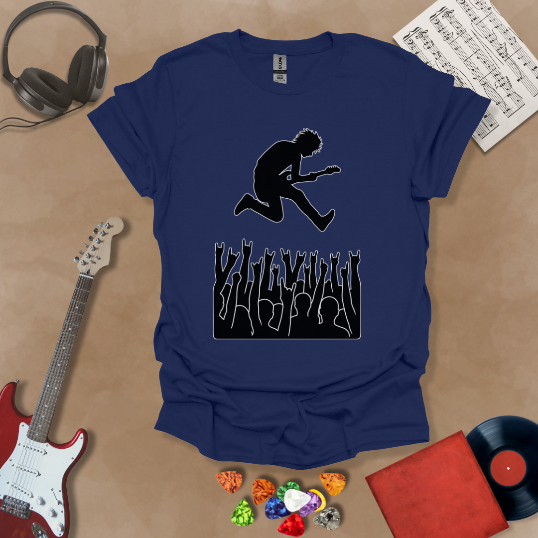 Blue t-shirt with silhouette of guitarist diving into crowd.
