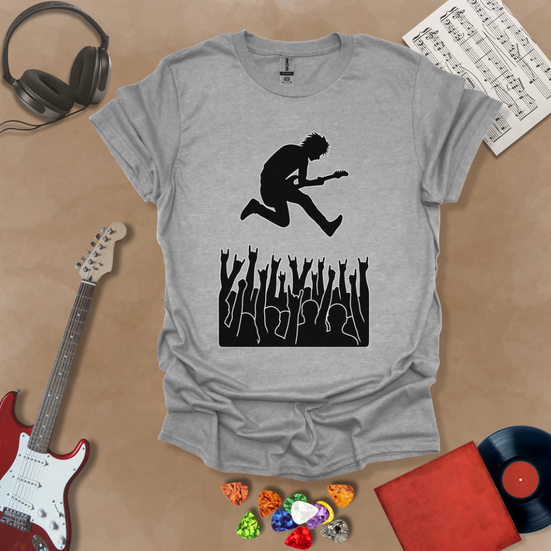 Gray t-shirt with silhouette of guitarist diving into crowd.
