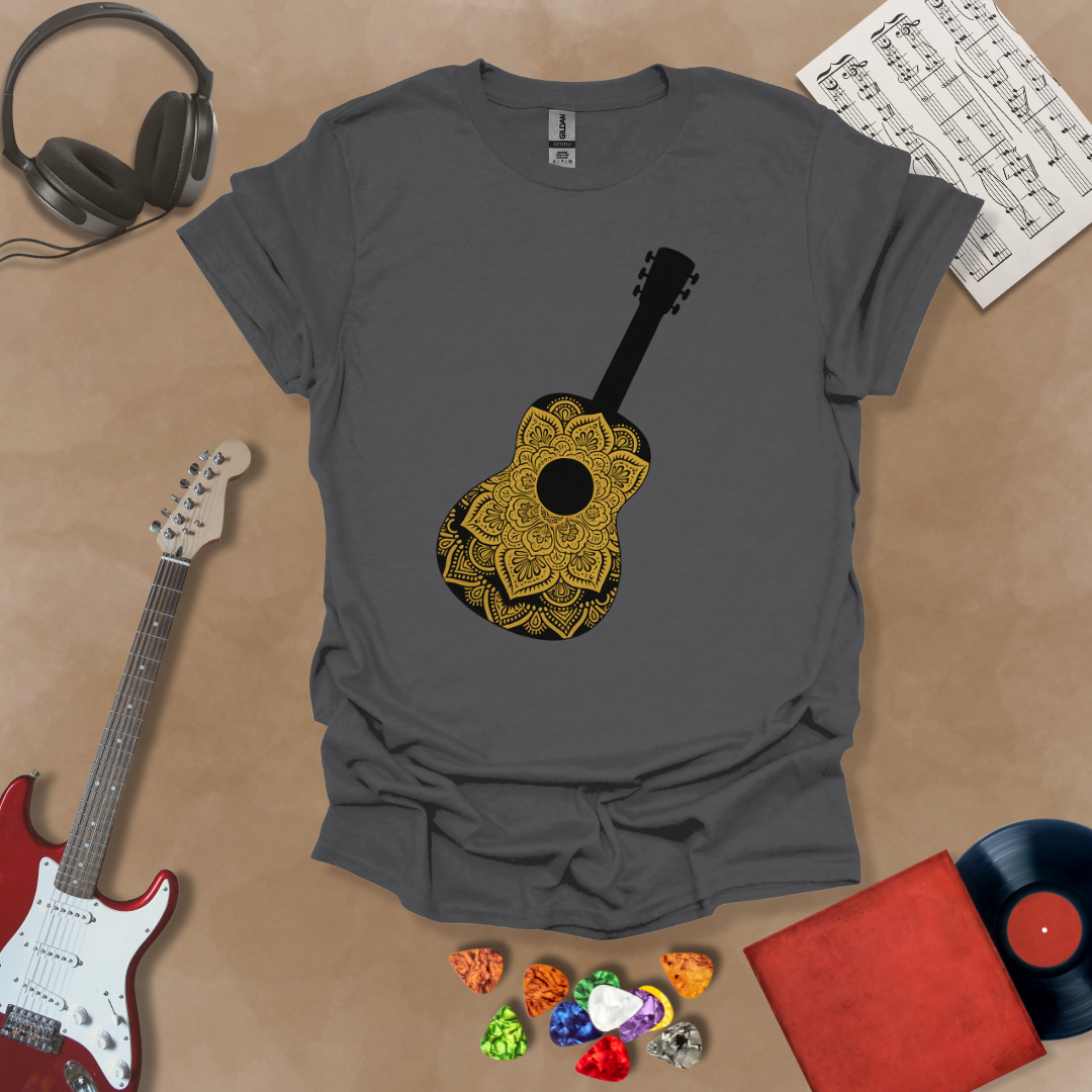 Gray t-shirt with mandala pattern shaped like guitar body.
