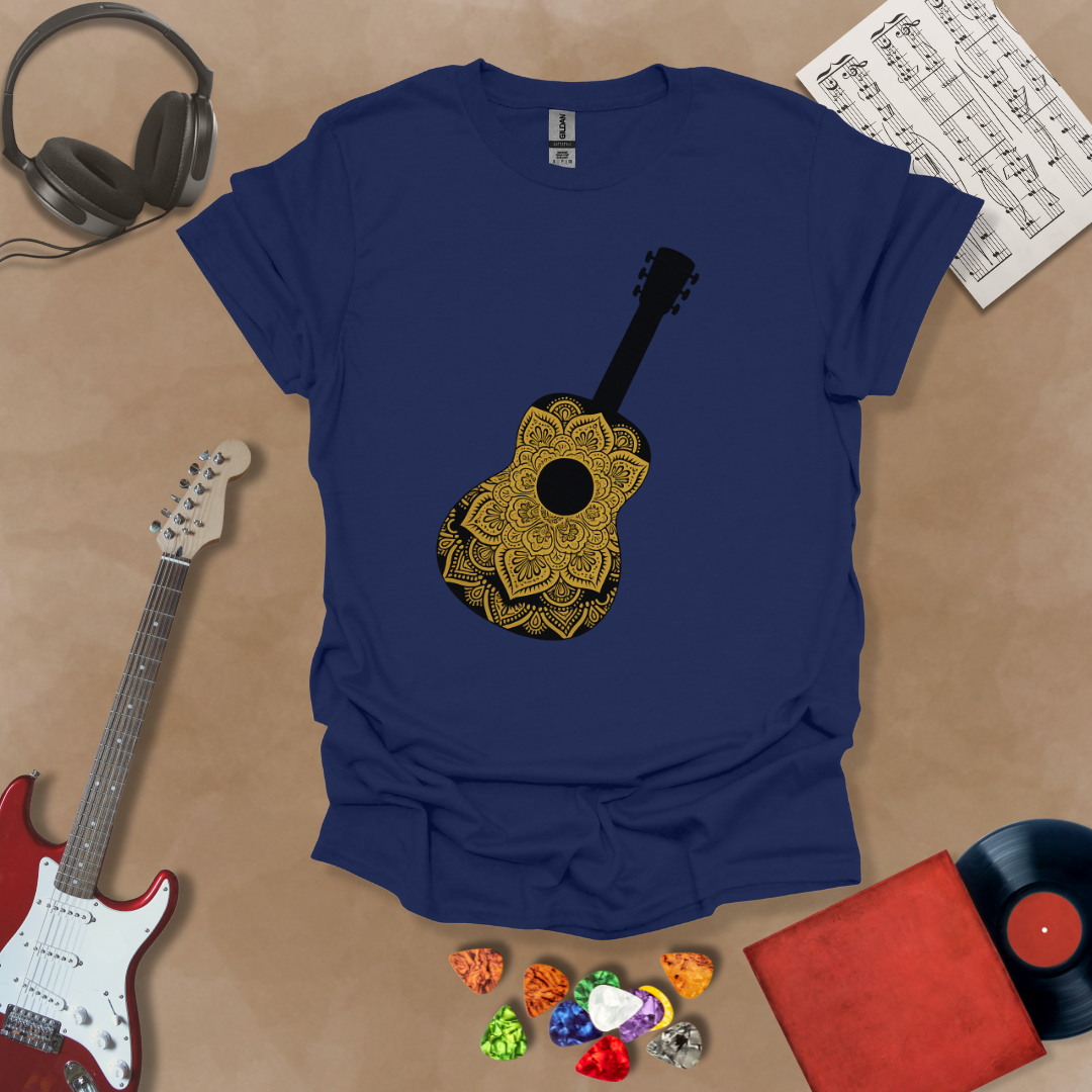Navy t-shirt with mandala pattern shaped like guitar body.
