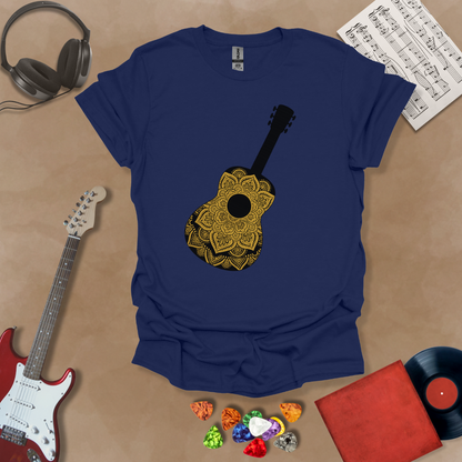 Navy t-shirt with mandala pattern shaped like guitar body.
