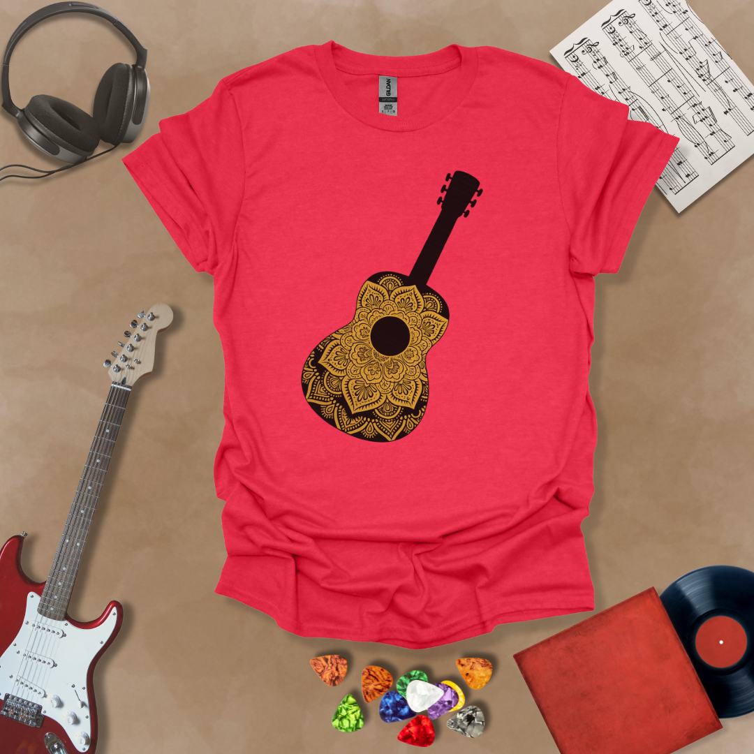 Red t-shirt with mandala pattern shaped like guitar body.
