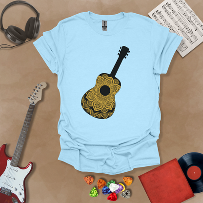 Light Blue t-shirt with mandala pattern shaped like guitar body.
