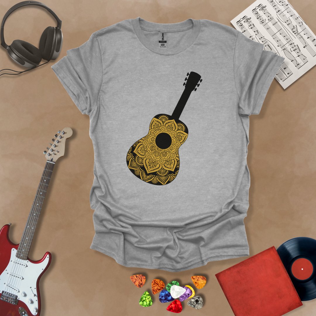 Gray t-shirt with mandala pattern shaped like guitar body.
