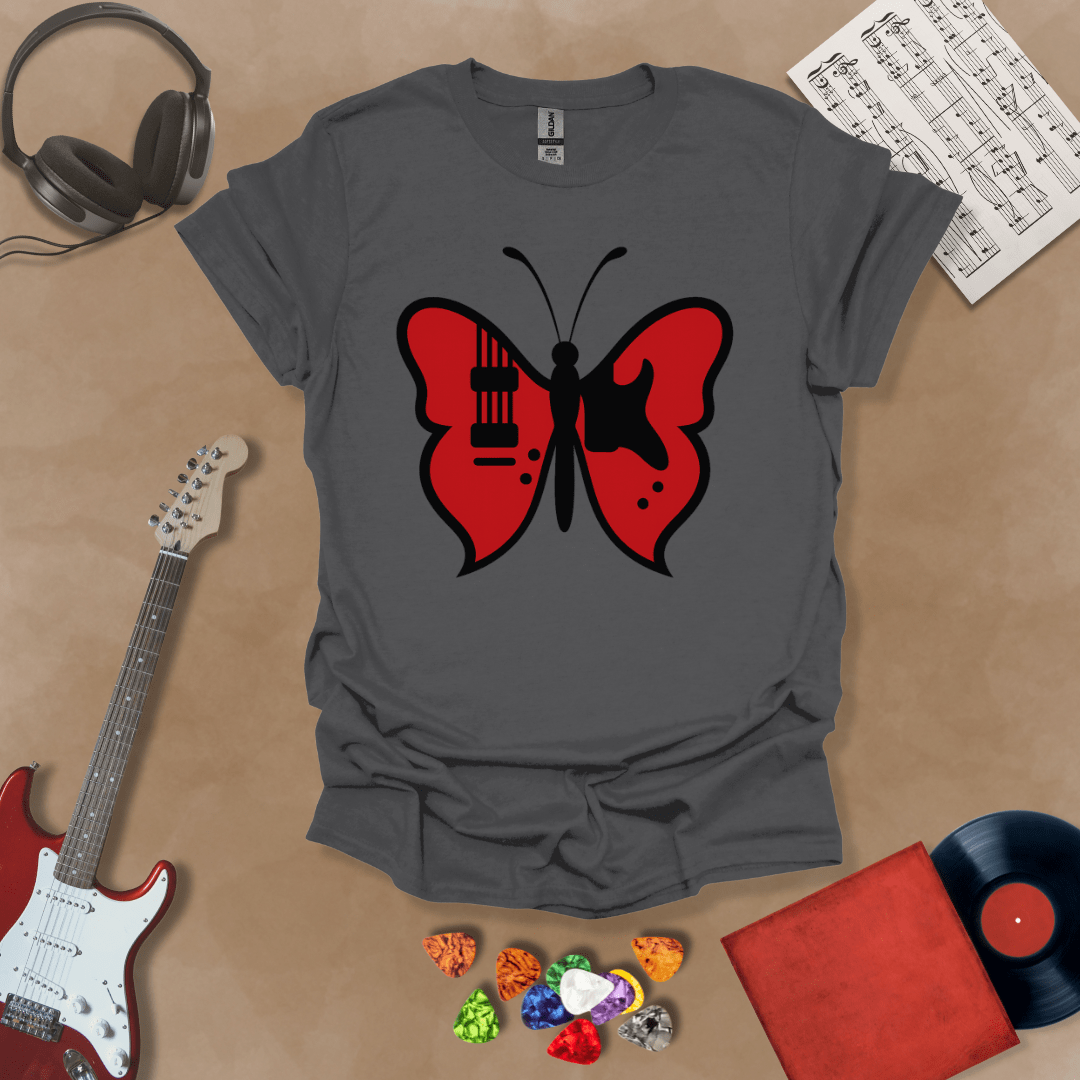 Gray t-shirt with guitar body sprouting butterfly wings.
