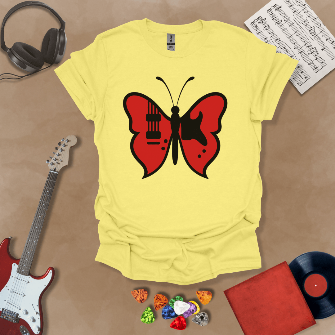 Yellow t-shirt with guitar body sprouting butterfly wings.
